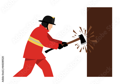 Firefighter Breaching Wall with Axe in Emergency