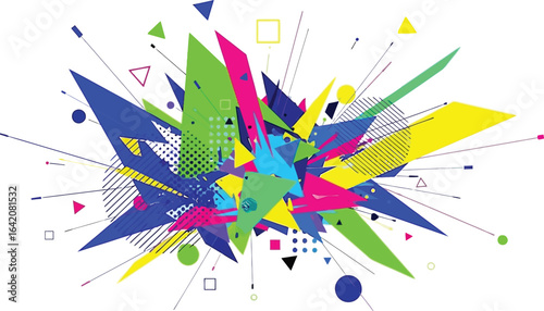 Abstract geometric shapes in vibrant colors exploding on a white background design illustration art