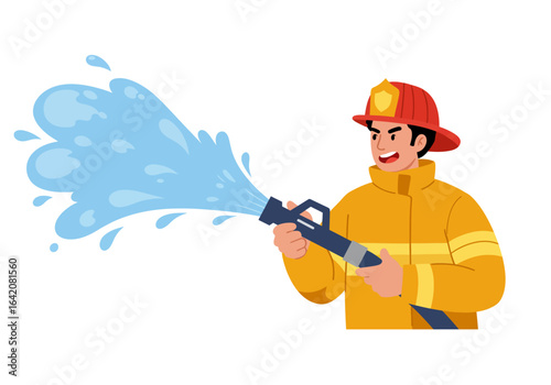 Cartoon Firefighter Spraying Water with Hose
