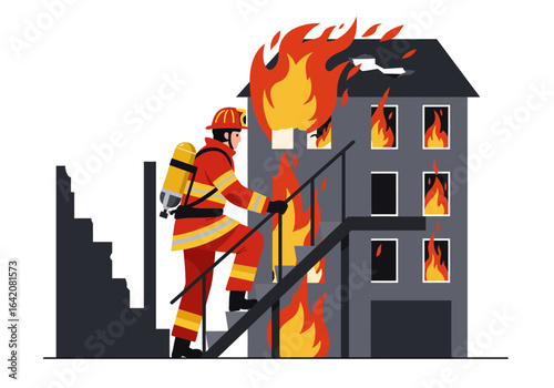 Firefighter Ascending Burning Building Stairs with Gear