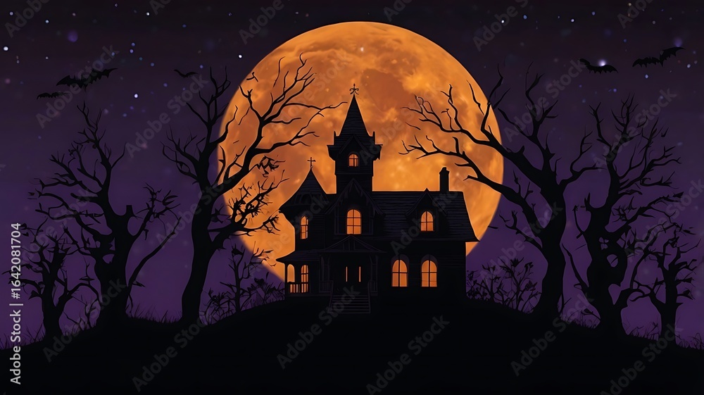 Spooky halloween scene with haunted house silhouette against a full orange moon and bats flying around Spooky halloween scene with haunted house silhouette against a full orange moon and bats flying around