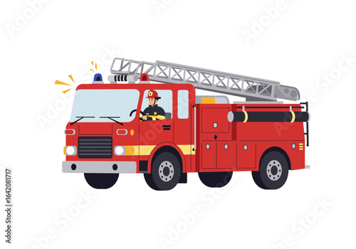 Cartoon Firetruck with Ladder and Driver Illustration