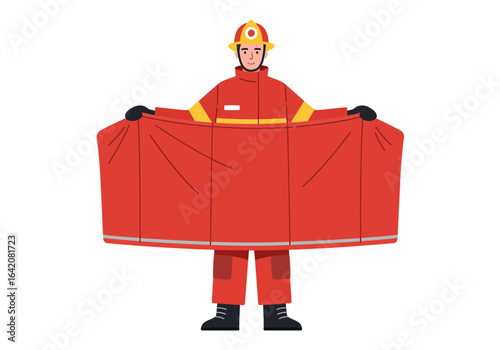 Firefighter Holding a Red Rescue Blanket, Wearing Protective Gear