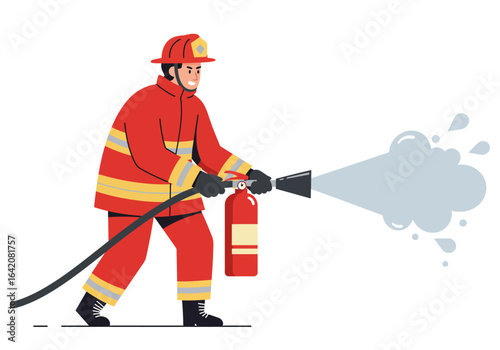 Firefighter in Action with Fire Extinguisher Spraying Water