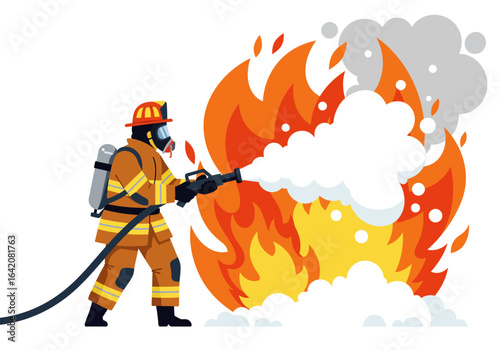 Firefighter Extinguishing Flames with Water Hose and Protective Gear
