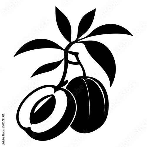 Stylized black and white illustration of plums on a leafy branch design