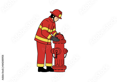 Firefighter Inspecting a Red Fire Hydrant with Yellow Stripes on Uniform