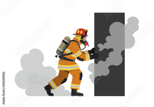 Firefighter in Protective Gear Entering Smoke-Filled Building