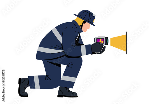 Firefighter Using Thermal Imaging Camera for Inspection