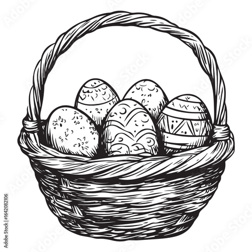 A charming vintage art silhouette of an easter basket filled with decorative patterned eggs ready for the holiday.