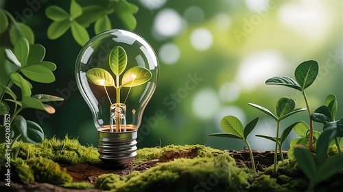 Light bulb with plant growing inside symbolizing green energy and sustainability