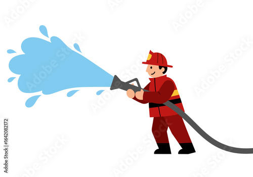 Cartoon Firefighter Spraying Water with Hose in Red Uniform and Helmet