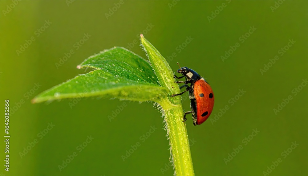 Fototapeta premium A red ladybug with black spots crawls on a vibrant green plant stem.