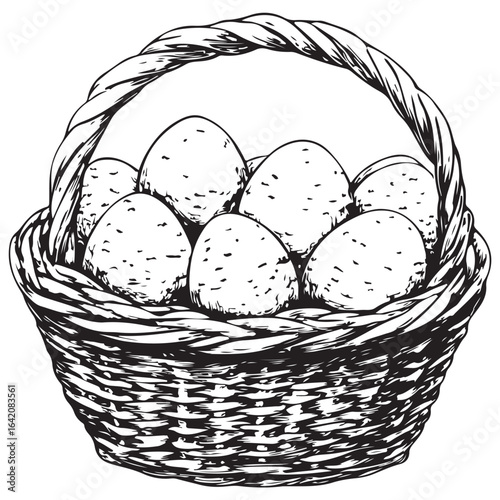 A charming vintage art silhouette of an easter basket filled with decorative patterned eggs ready for the holiday.