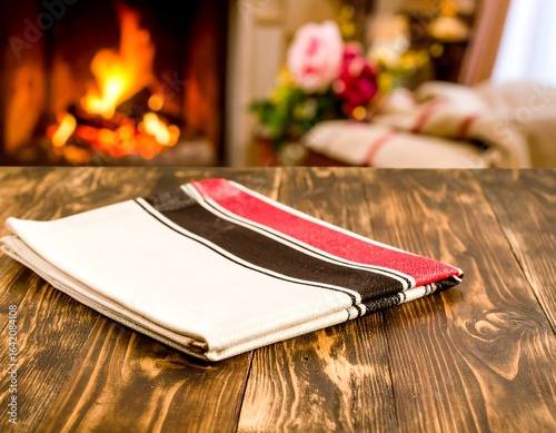 Folded tablecloth on wooden table, fireplace background