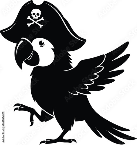 Pirate parrot wearing tricorne hat with skull and crossbones silhouette