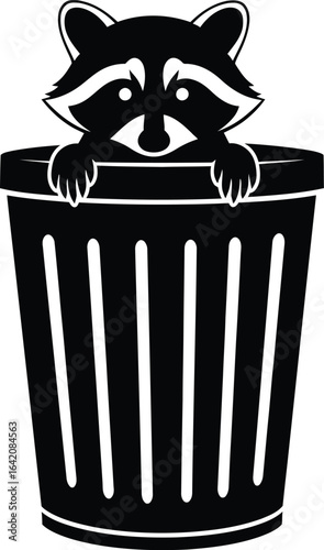 Raccoon peeking out of trash can silhouette