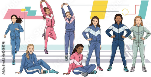 Diverse group of girls in tracksuits exercising and posing in a studio setting with geometric shapes