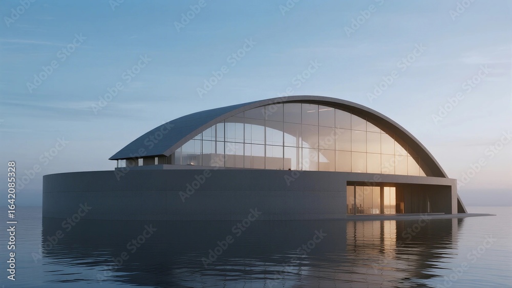 Fototapeta premium Futuristic Floating Dome Building with Glass Facade Over Water