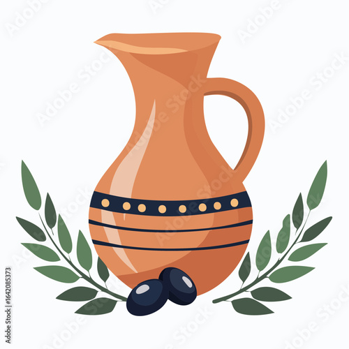 rustic clay pitcher filled with olives and branches in terracotta pitcher and olive green foliage svg vector on transparent srgb background for Mediterranean design
