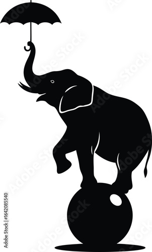 Circus elephant balancing on a ball holding an umbrella silhouette