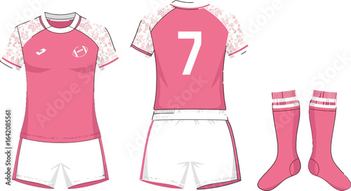 Pink and white rugby uniform with number seven on the back and matching socks on a dark background