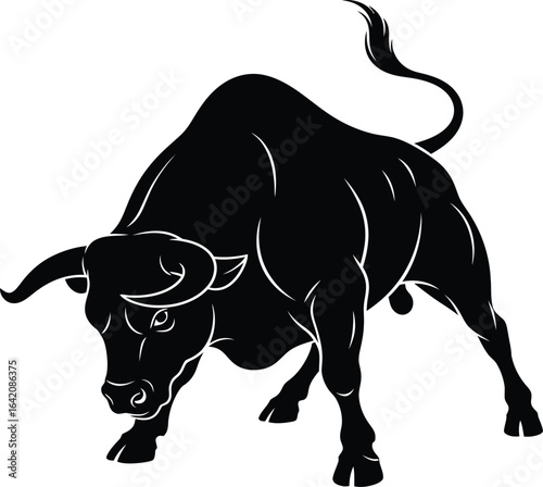 Powerful black bull charging forward silhouette