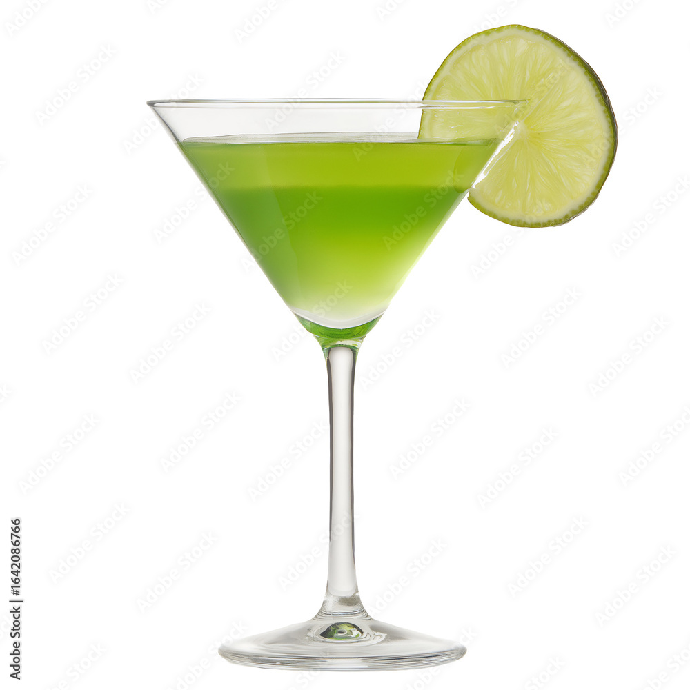 Apple Martini or Appletini cocktail with lime slice garnish, isolated on white or transparent background Apple Martini or Appletini cocktail with lime slice garnish, isolated on white or transparent background
