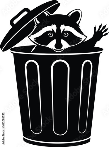 Cute raccoon peeking out of a trash can silhouette