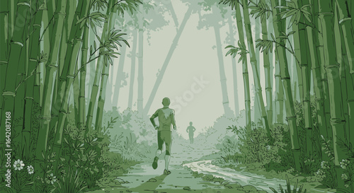 Monochrome green illustration of a runner on a trail through a misty bamboo forest. Concept of exercise and wellness in nature.