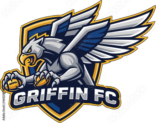 Illustrated griffin fc logo with a shield and a griffin holding a football on a dark blue background