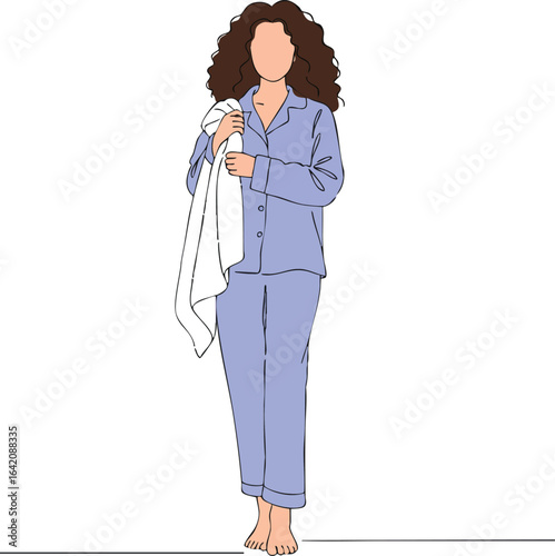 Woman in blue pajamas holding white towel standing barefoot vector illustration in casual relaxed pose 