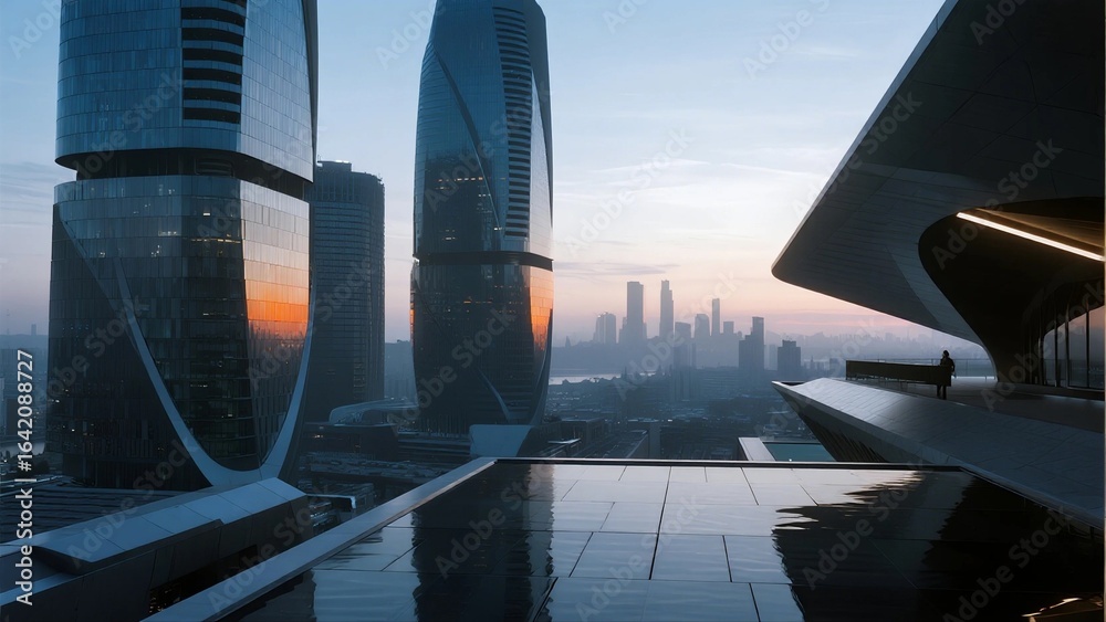 Fototapeta premium Modern City Skyscrapers with Reflective Pool at Dawn