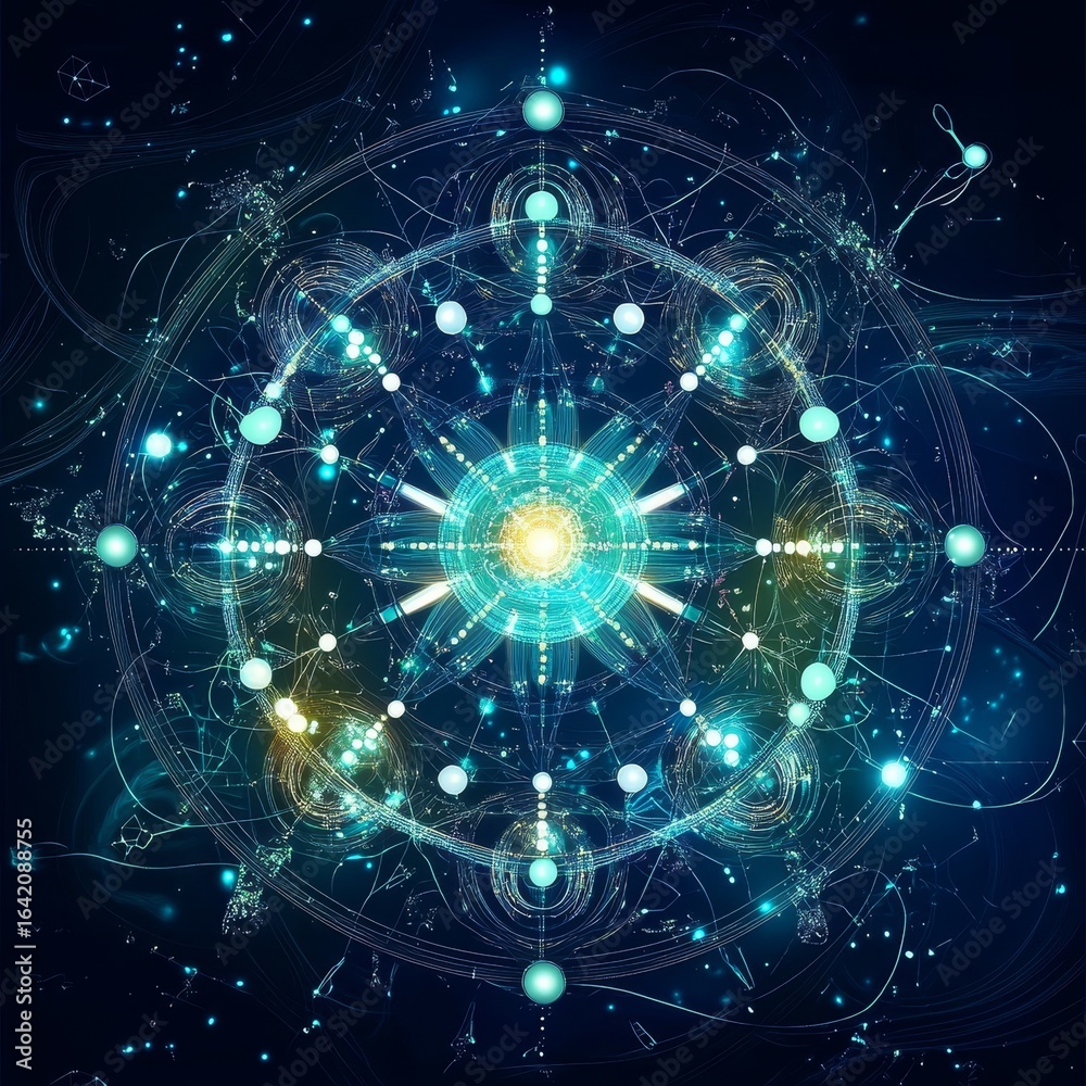 Obraz premium Abstract geometric design with glowing center and cosmic background.