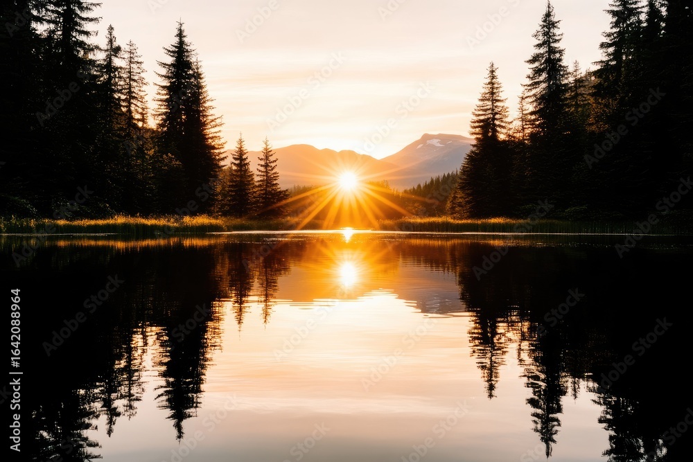 Obraz premium Golden sunrise reflected on a tranquil lake surrounded by towering trees.