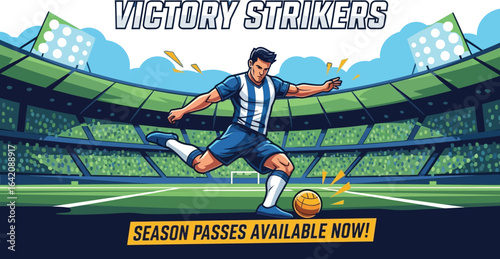A cartoon soccer player kicking a ball in a stadium with victory strikers text above him in the image