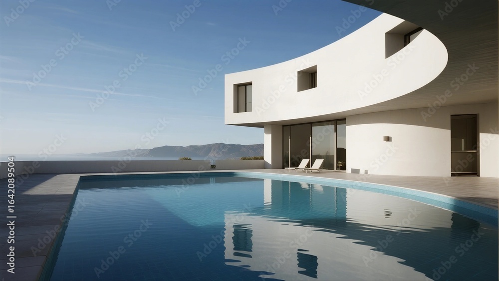 Fototapeta premium Modern curved house with swimming pool and sea view