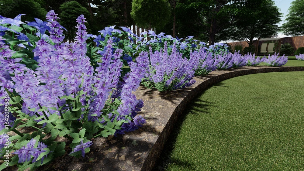 Obraz premium 3d image of the landscape design of the home territory. Landscaping of the territory. Computer visualization of composite landscaping and landscaping solutions.