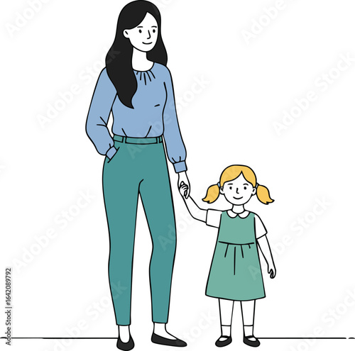 Mother and Daughter Holding Hands Wearing Casual Clothes Together Vector Illustration 