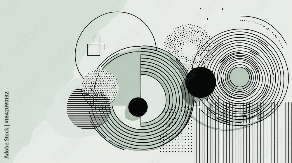 Obraz premium Abstract geometric design with circles, squares, and lines.