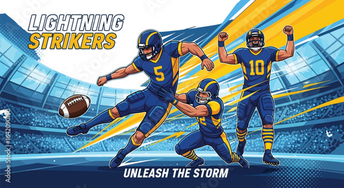 Cartoon american football players in action on a stadium field with a football in the air