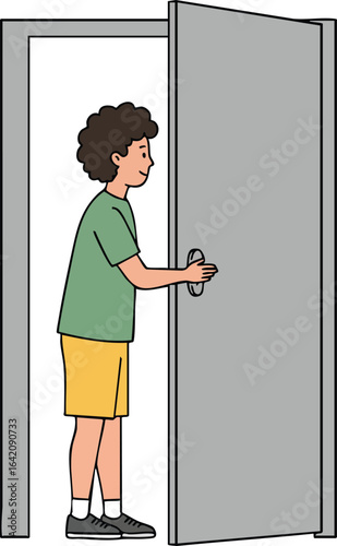 Boy opening door in casual clothing standing in doorway vector illustration 