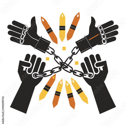 Hands Breaking Bullet Chain Representing Non-Proliferation and End of Arms Race