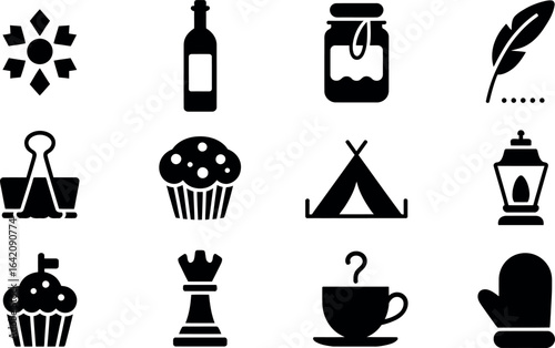 Bold Black Glyph Icons:  Camping, Food, Games, and Winter Themes