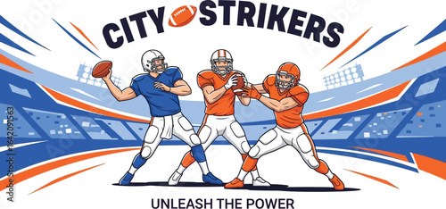 Three american football players in action with city strikers logo and stadium backdrop graphic design