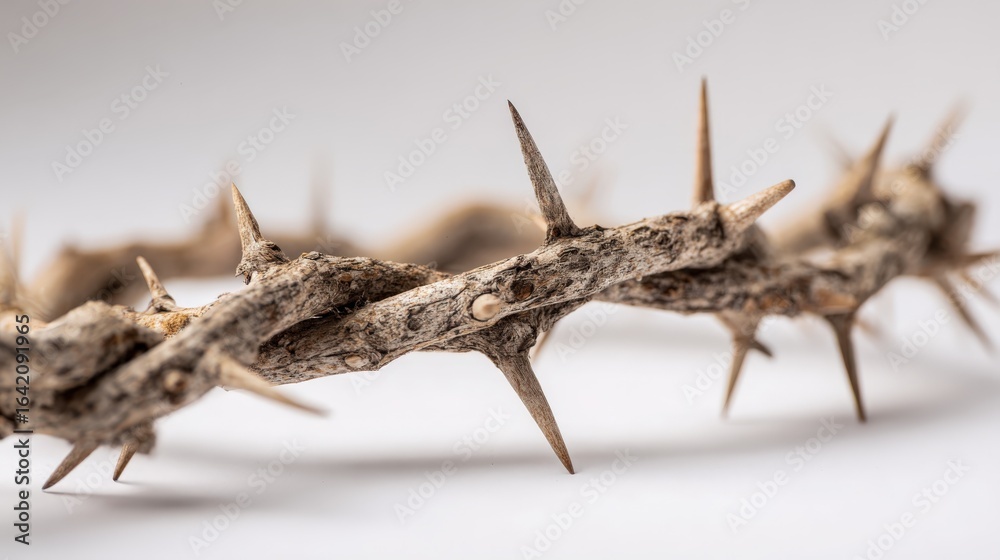 Obraz premium Crown of Thorns Close-Up: Symbolic Representation of Suffering, Sacrifice, and Resurrection on White Background