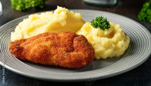 file de frango a milanesa com pure de batata