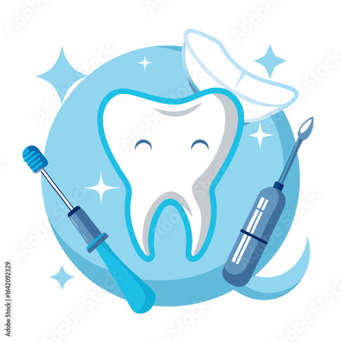 Shiny White Teeth with Dental Tools Vector Illustration for Oral Hygiene