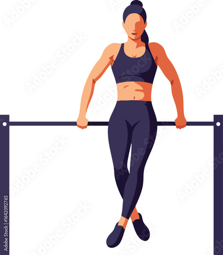 Woman performing calisthenics exercise on horizontal bar fitness training vector illustration 