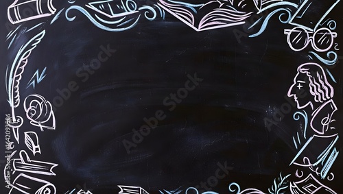 Chalkboard background with a border of literature and history doodles.